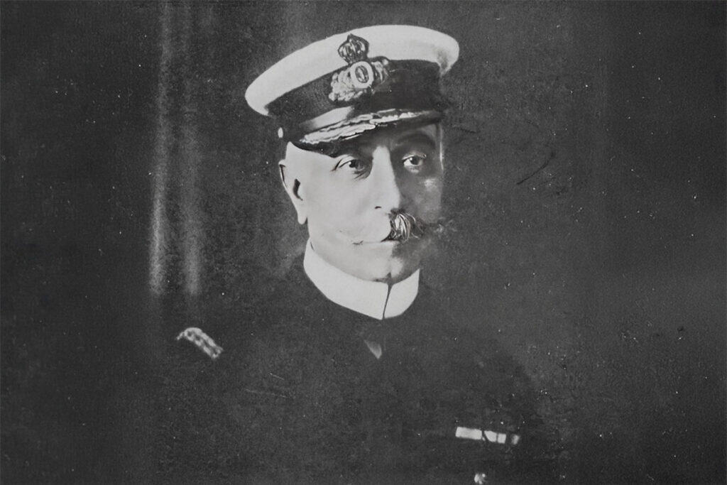 Black and white portrait of Admiral Pavlos Kountouriotis in Greek naval uniform, 1913