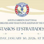 Banner announcing AHEPA Camden Chapter 69 honoring Anastasios Efstratiades as AHEPAN of the Year on January 30, 2026