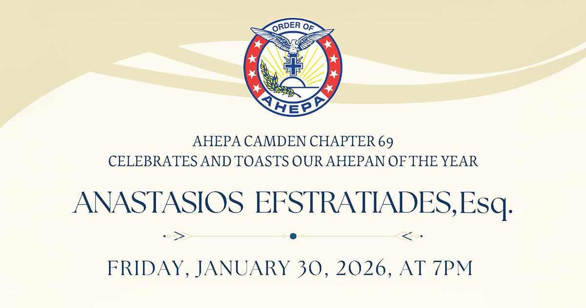 Banner announcing AHEPA Camden Chapter 69 honoring Anastasios Efstratiades as AHEPAN of the Year on January 30, 2026