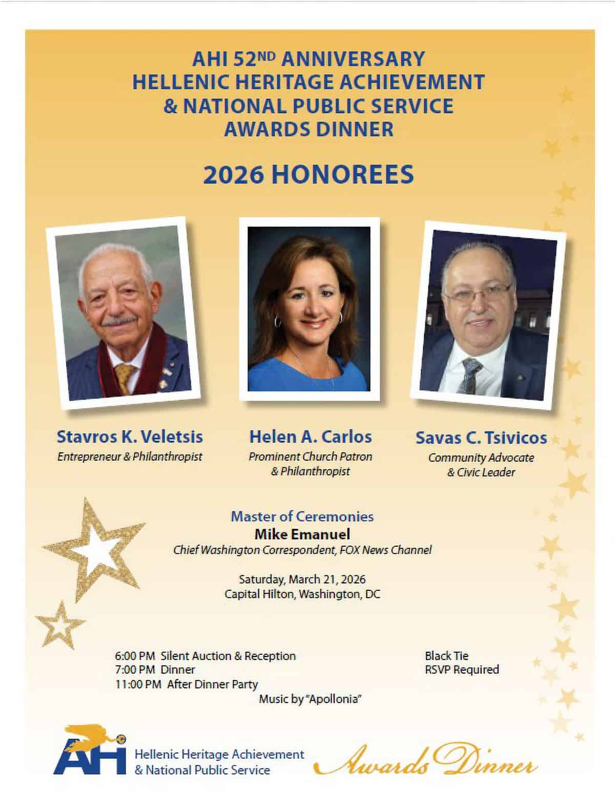 Poster listing the 2026 honorees for the American Hellenic Institute’s 52nd Anniversary Hellenic Heritage Achievement and National Public Service Awards Dinner, featuring Stavros K. Veletsis, Helen A. Carlos, and Savas C. Tsivicos.
