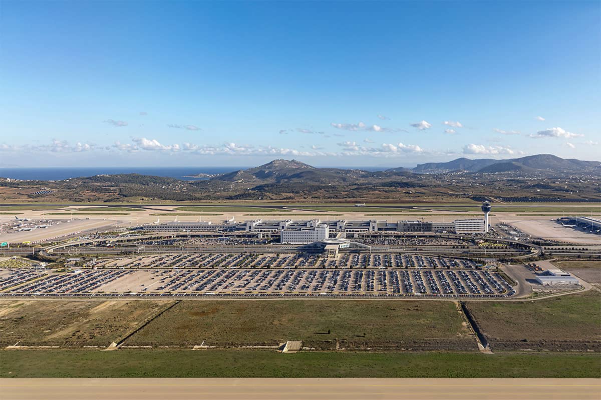 Aerial view of Athens International Airport Eleftherios Venizelos in Greece.