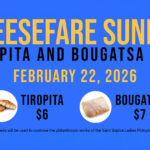 Flyer announcing Cheesefare Sunday tiropita and bougatsa sale at St. Sophia Greek Orthodox Church in Valley Forge on February 22, 2026