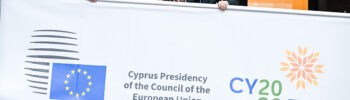 Cyprus EU Council presidency banners displayed at the Council of the European Union buildings in Brussels