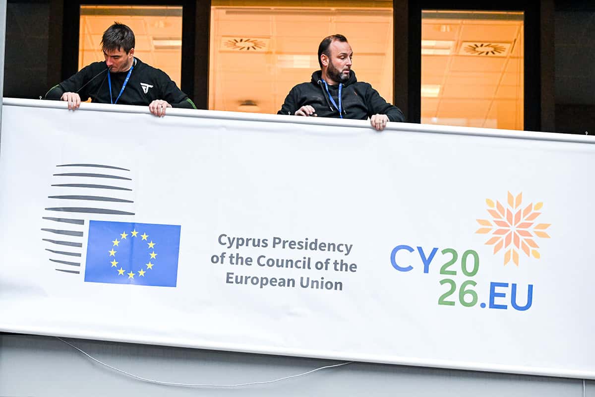 Cyprus EU Council presidency banners displayed at the Council of the European Union buildings in Brussels
