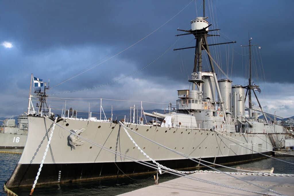 The Greek armored cruiser Georgios Averof preserved as a museum ship at Paleo Faliro in Athens