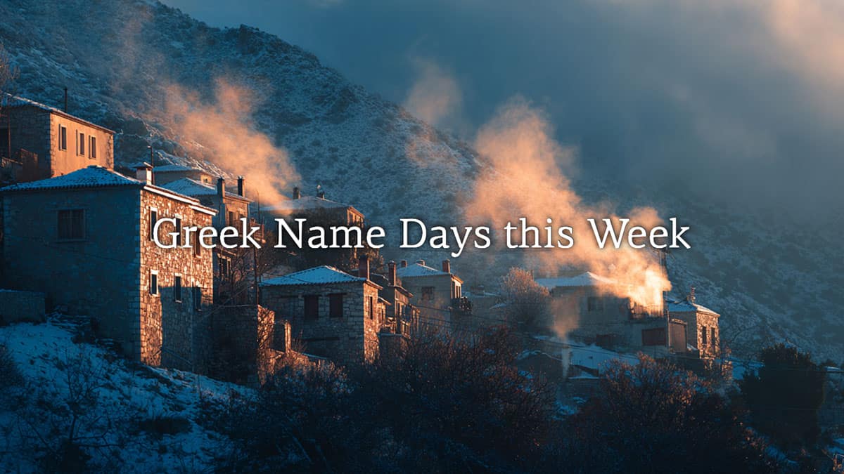 A Greek mountain village in winter, with stone houses and smoke rising from chimneys against a mountainous backdrop.