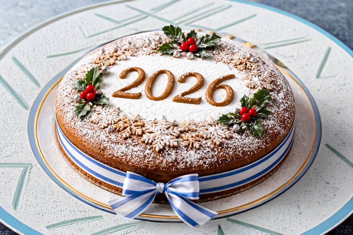 Traditional Greek Vasilopita cake for 2026 decorated with powdered sugar, almonds, and a blue-and-white ribbon on a serving plate.