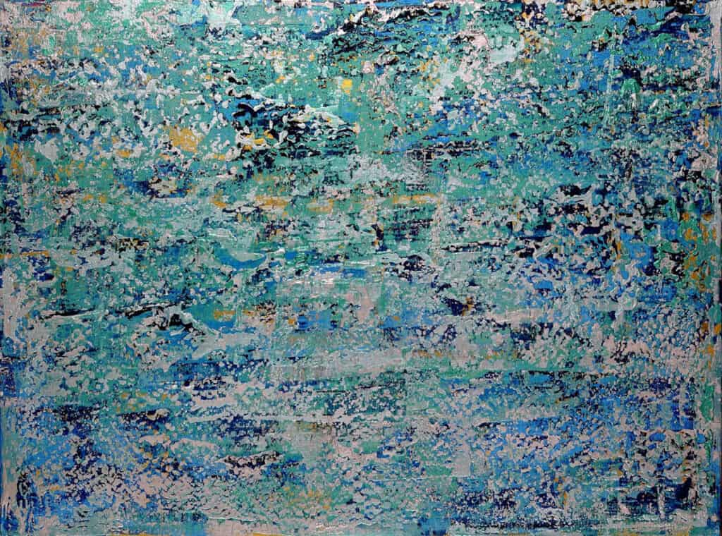Abstract painting dominated by turquoise, teal, and white textures arranged in horizontal bands.