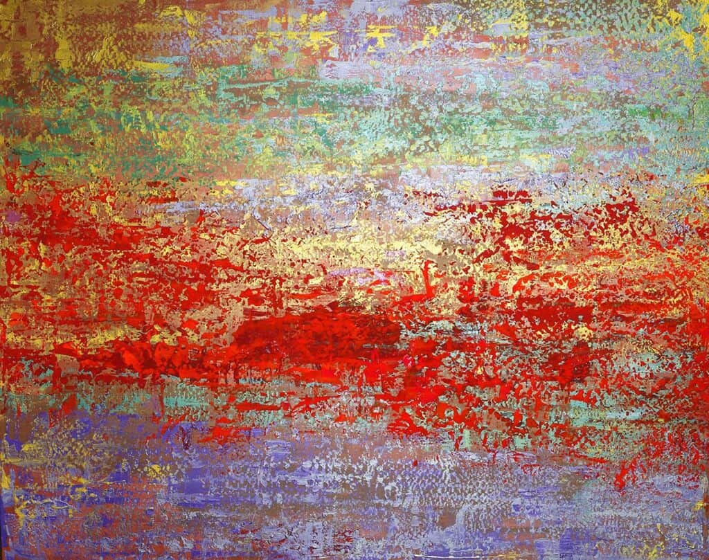 Abstract painting with horizontal layers of red, gold, turquoise, and muted earth tones forming a textured surface.