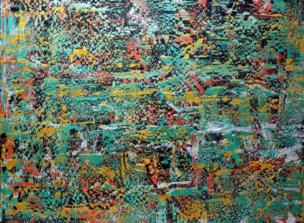 Abstract painting with dense green, teal, gold, and black textures layered in horizontal and clustered patterns.