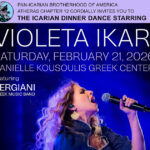 Banner announcing the Icarian Dinner Dance featuring Violeta Ikari on February 21, 2026, at the Danielle Kousoulis Greek Center in Cherry Hill, New Jersey