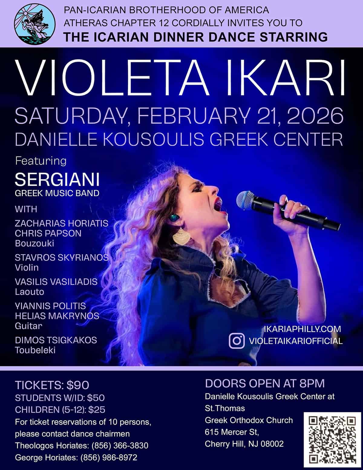 Flyer announcing the Icarian Dinner Dance featuring Violeta Ikari on February 21, 2026, at the Danielle Kousoulis Greek Center in Cherry Hill, New Jersey