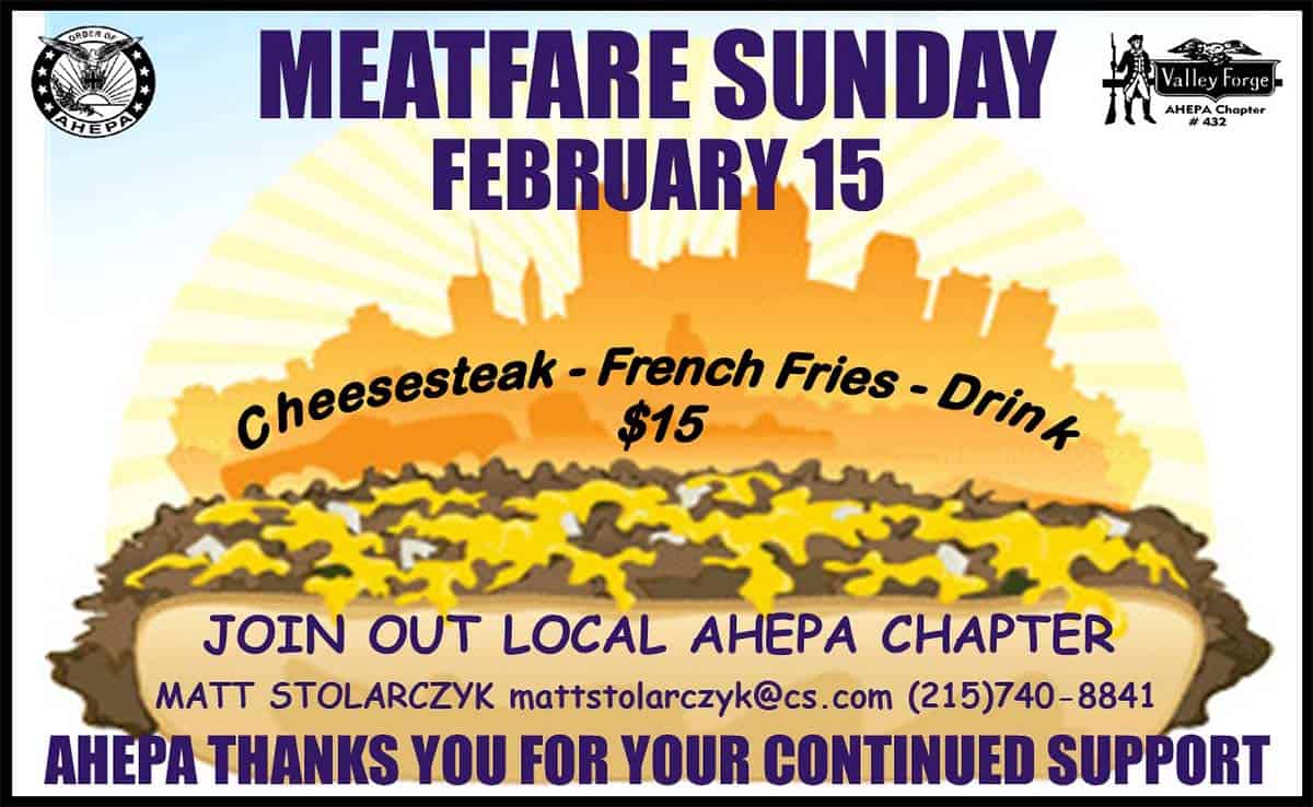 Flyer for Meatfare Sunday cheesesteak luncheon at St. Sophia Greek Orthodox Church in Valley Forge, hosted by AHEPA Valley Forge Chapter 432