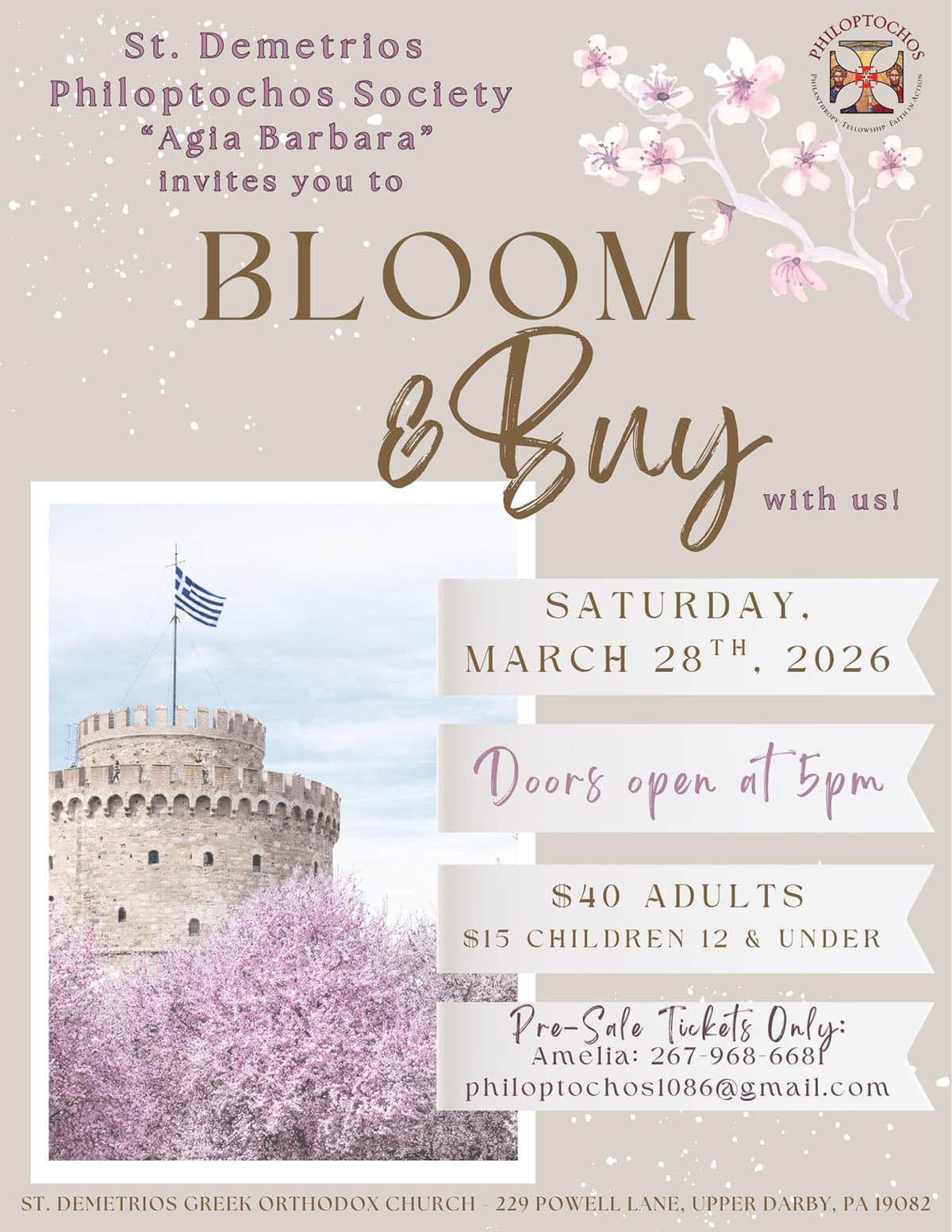 Bloom & Buy spring event flyer by St. Demetrios Philoptochos Society in Upper Darby