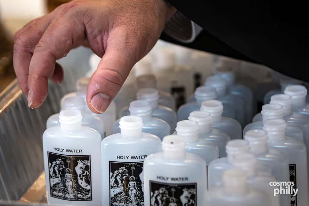 Bottles of holy water prepared for parishioners following the Theophany blessing.