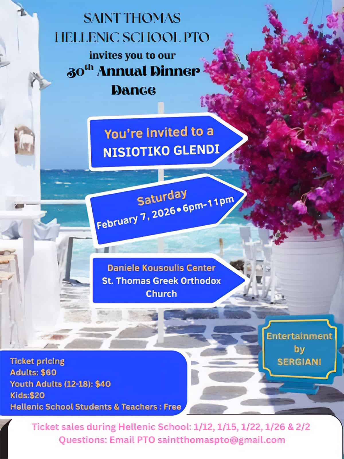 Flyer for the St. Thomas Hellenic School PTO 30th Annual Dinner Dance on February 7, 2026, at St. Thomas Greek Orthodox Church in Cherry Hill, New Jersey