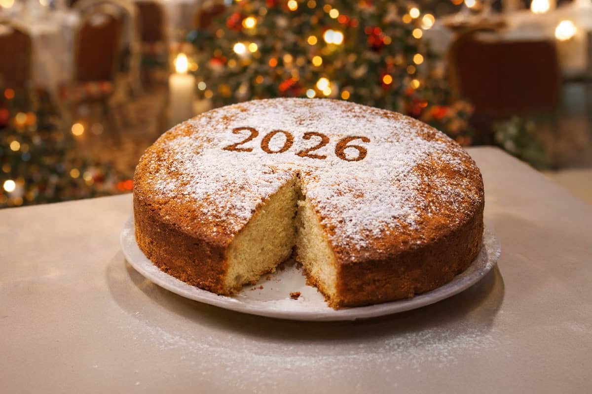 A traditional Greek Vasilopita cake marked with the year 2026, dusted with powdered sugar, on a table with soft festive lights in the background.