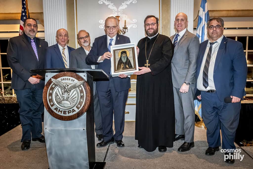 Members of AHEPA Camden Chapter 69 and guests at the testimonial dinner honoring Anastasios Efstratiades as AHEPAN of the Year in Deptford, New Jersey.