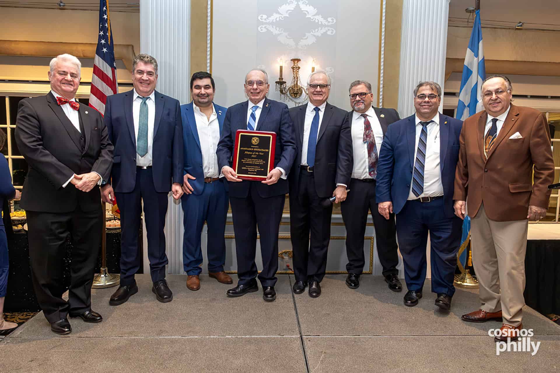 Members of AHEPA Camden Chapter 69 and guests at the testimonial dinner honoring Anastasios Efstratiades as AHEPAN of the Year in Deptford, New Jersey.