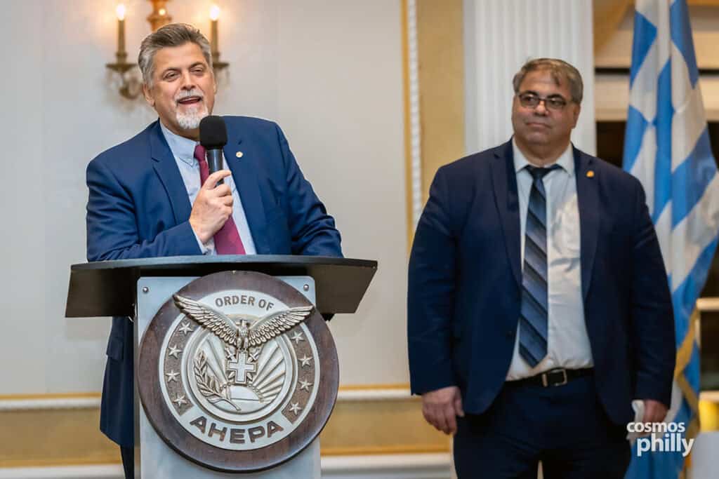Members of AHEPA Camden Chapter 69 and guests at the testimonial dinner honoring Anastasios Efstratiades as AHEPAN of the Year in Deptford, New Jersey.