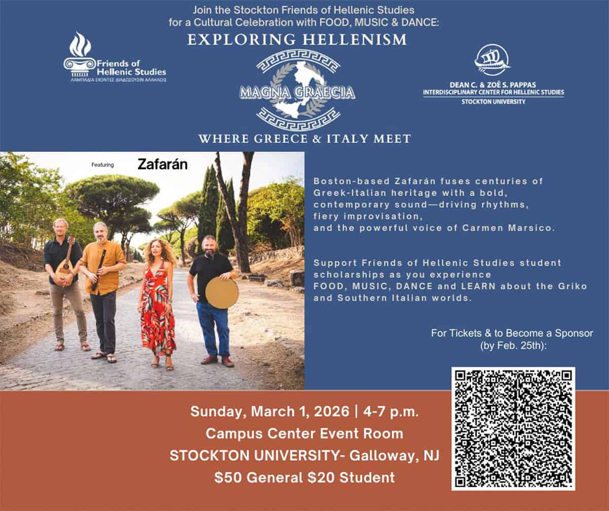 Flyer for Exploring Hellenism: Magna Graecia at Stockton University on March 1, 2026 featuring Zafarán