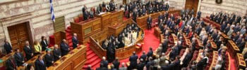 Interior view of the Hellenic Parliament in session during a swearing-in ceremony following a Greek general election.