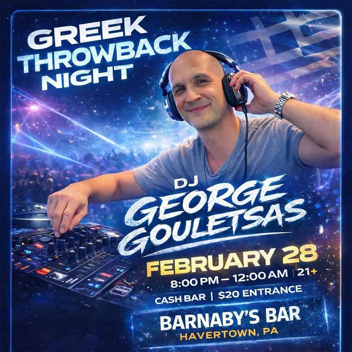 Greek Throwback Night flyer featuring DJ George Gouletsas at Barnaby’s Bar