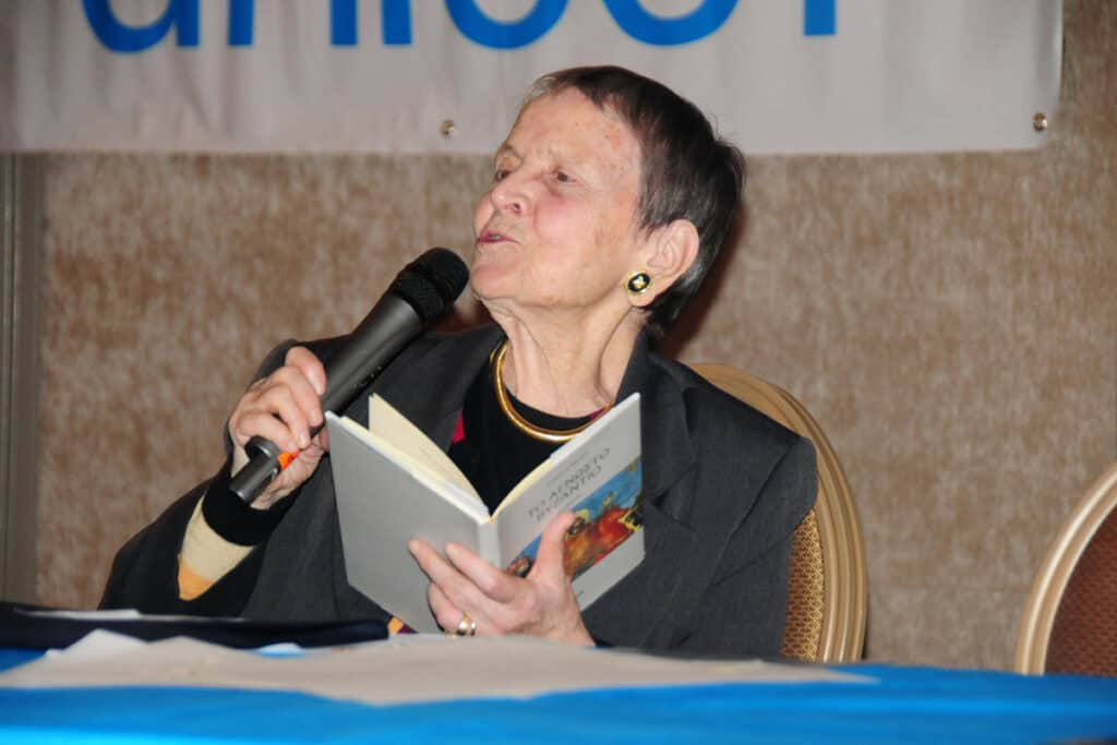 Hélène Glykatzi-Ahrweiler speaking at a charity event in Nicosia in 2013.