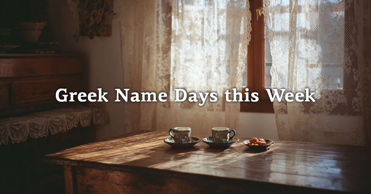 Sunlit wooden table inside a traditional Greek home with coffee cups and lace curtains by the window