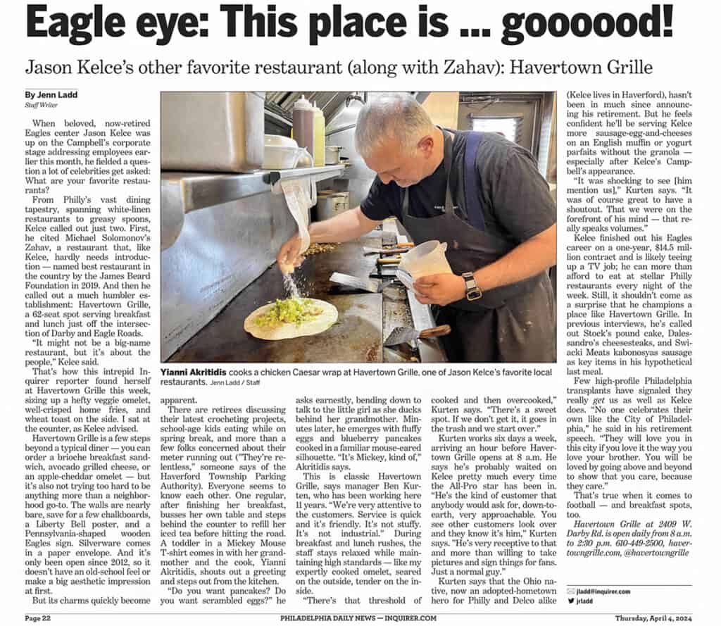 Philadelphia Daily News coverage of Havertown Grille following Jason Kelce endorsement