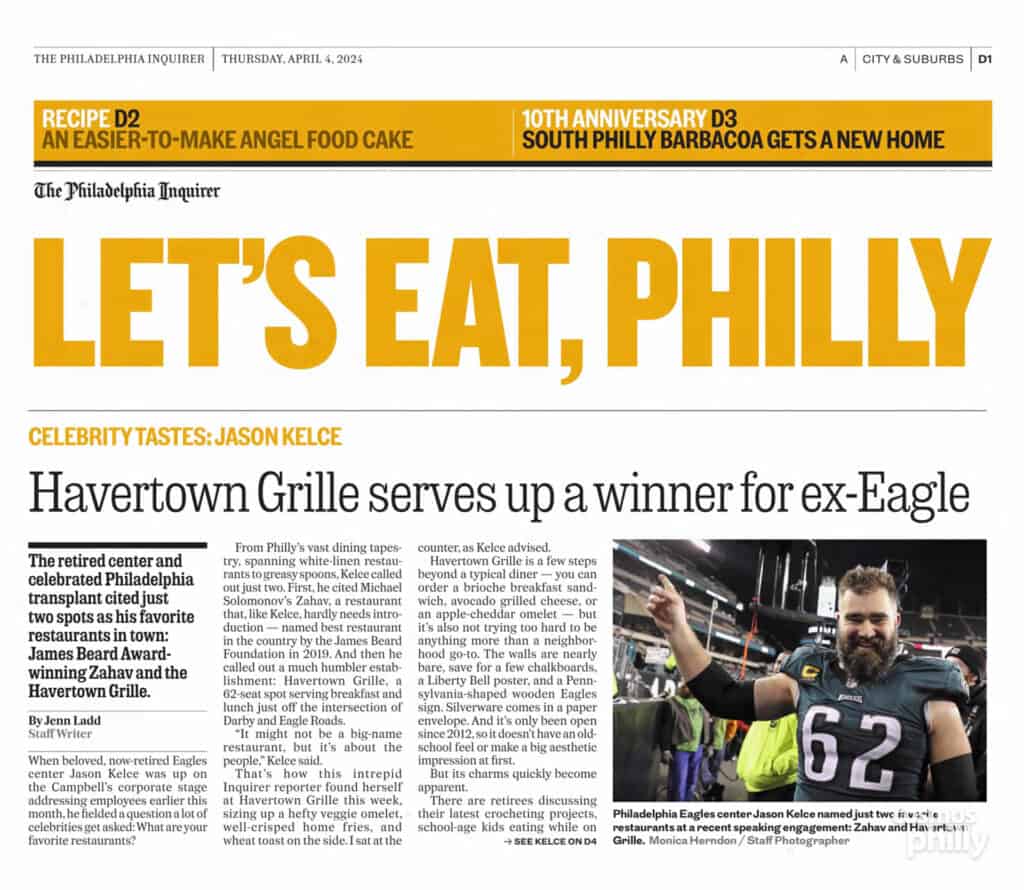Philadelphia Inquirer feature on Havertown Grille after Jason Kelce named it among his favorite restaurants