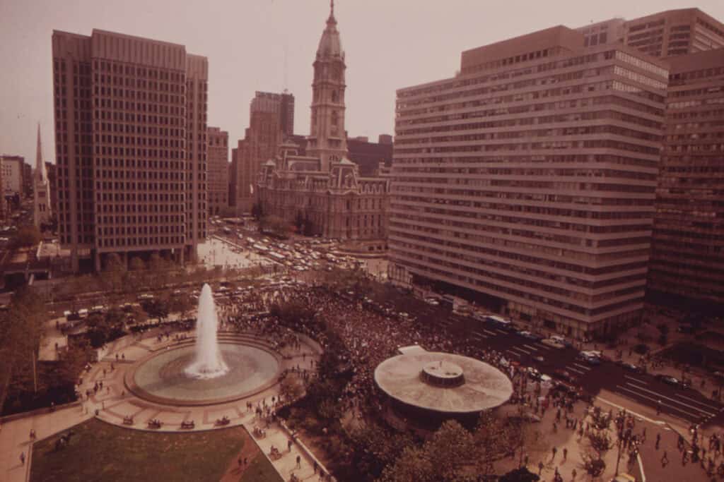 Crowd gathered at John F. Kennedy Plaza near City Hall in Philadelphia, 1973