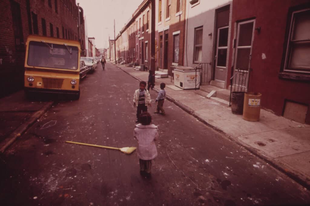 Children playing on a residential street in North Philadelphia, 1973