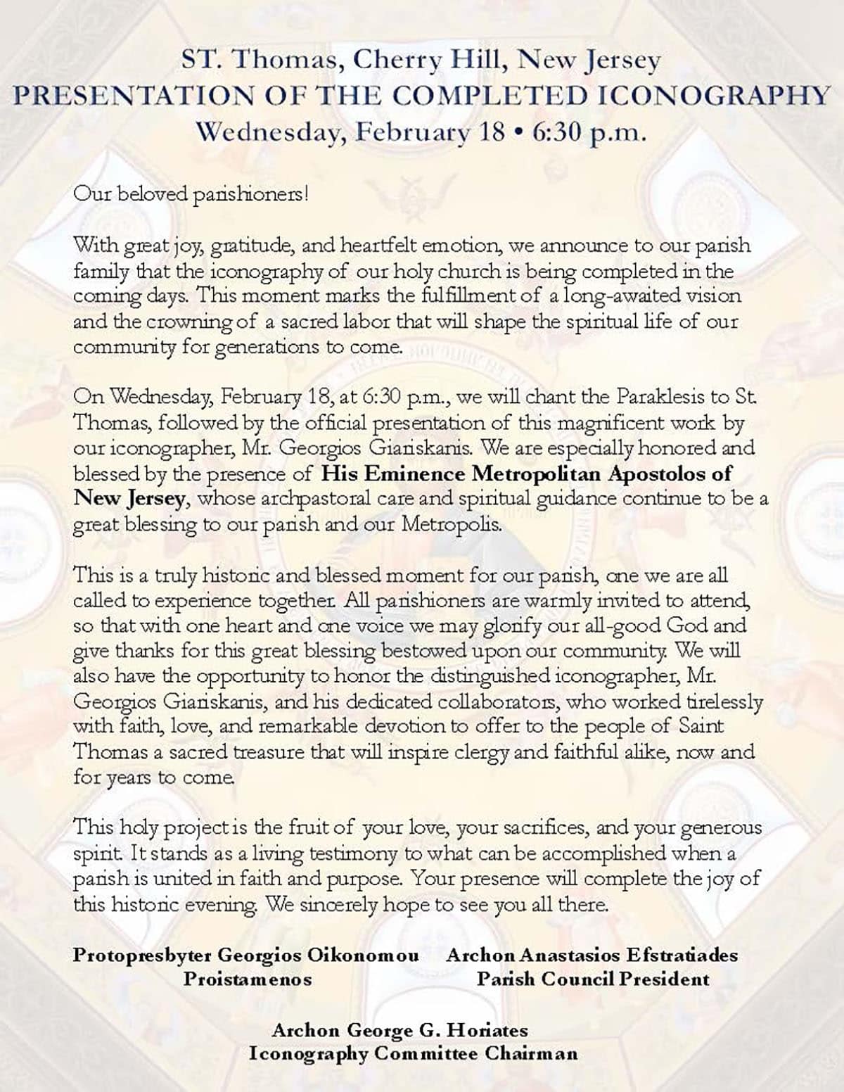 Parish announcement for the presentation of completed iconography at St. Thomas Church in Cherry Hill, New Jersey.
