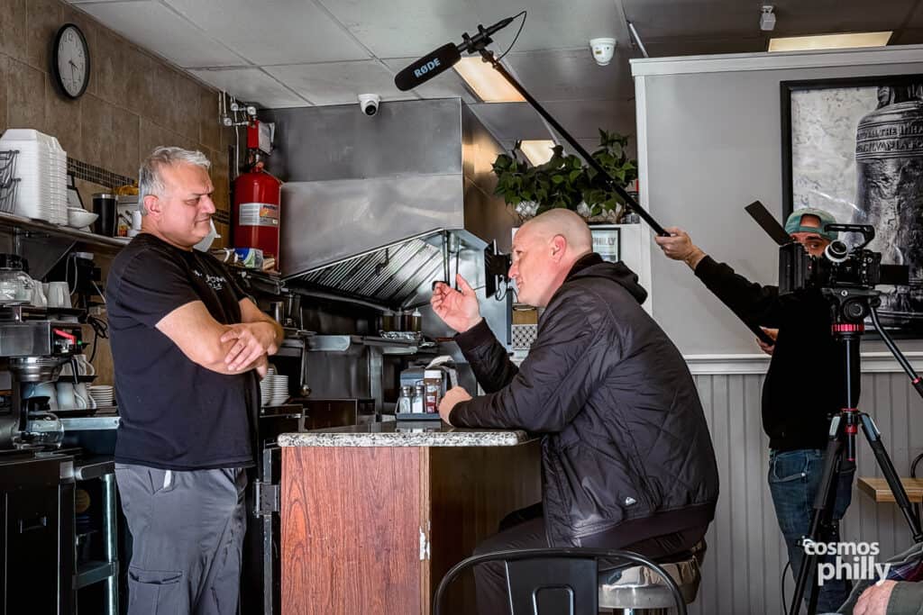 Yiannis Akritidis, Ray Martin, and Chris Veen during filming at Havertown Grille