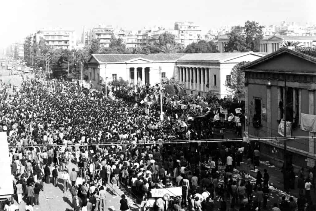 Crowds gather outside the Athens Polytechnic during the student uprising against Greece’s military dictatorship in November 1973.