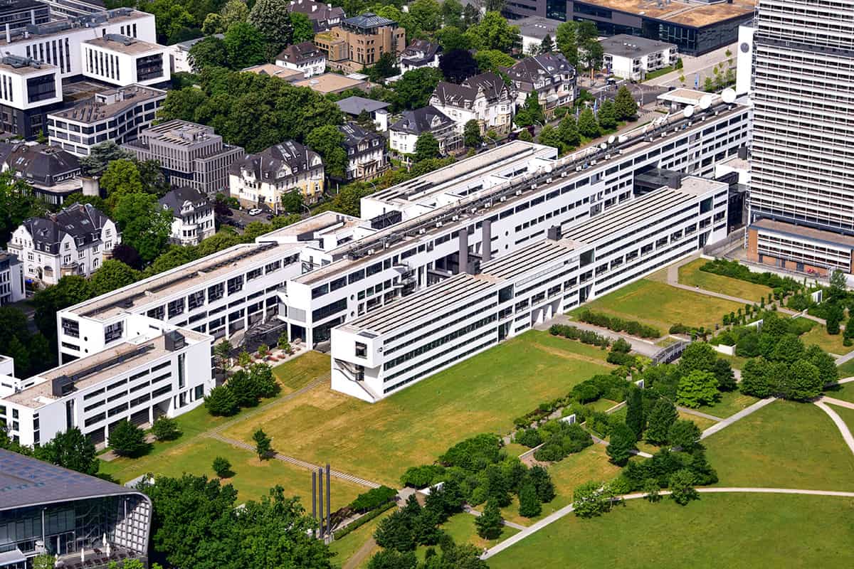 Aerial view of the Deutsche Welle headquarters in Bonn, Germany.