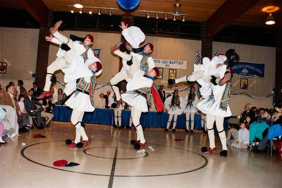 Group of Evzones dancing, St. George Hall, Trenton
