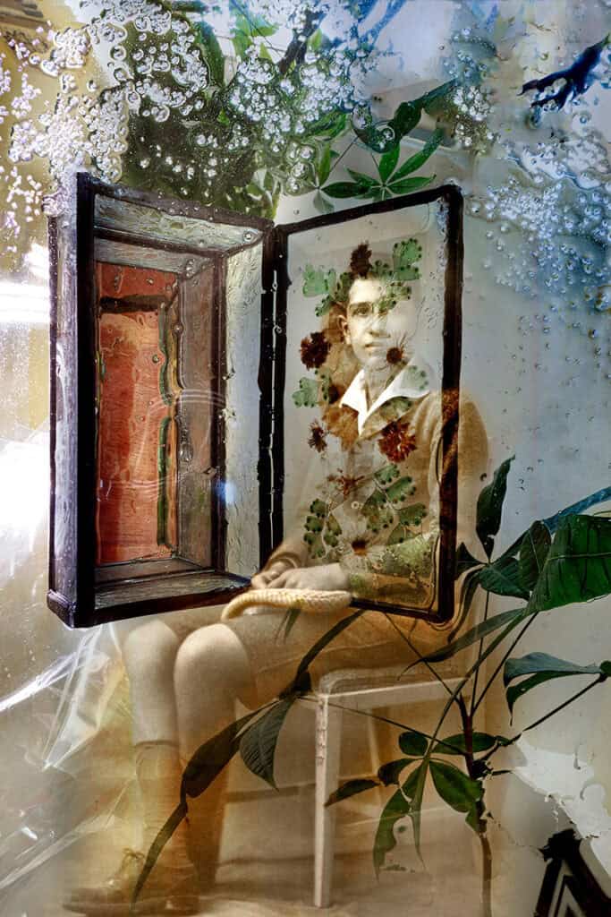 Mixed media artwork combining photography and layered imagery displayed in the Greek-American women artists exhibition.