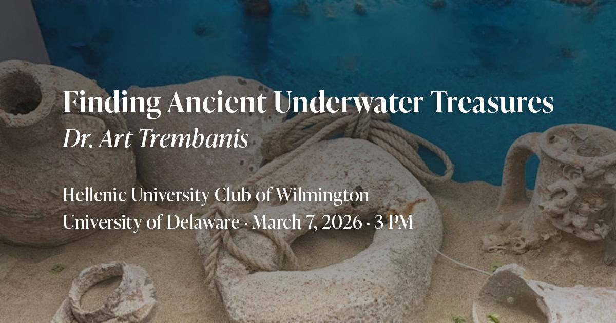 Art Trembanis underwater archaeology presentation banner featuring submerged amphorae and ancient artifacts