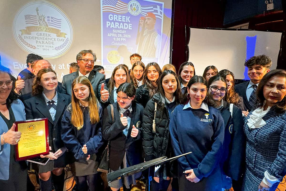 Greek-American students receiving recognition at the Bridging Revolutions event in Astoria