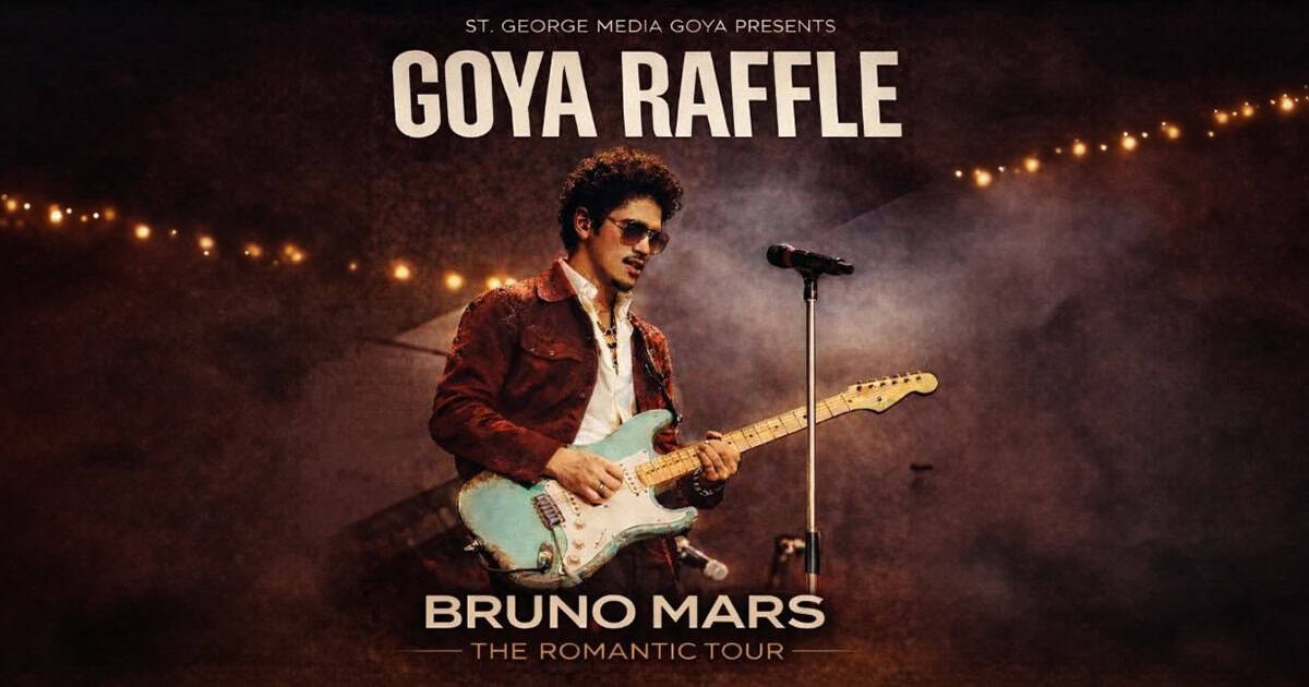 Bruno Mars performing on stage in promotional image for GOYA raffle and The Romantic Tour in Philadelphia