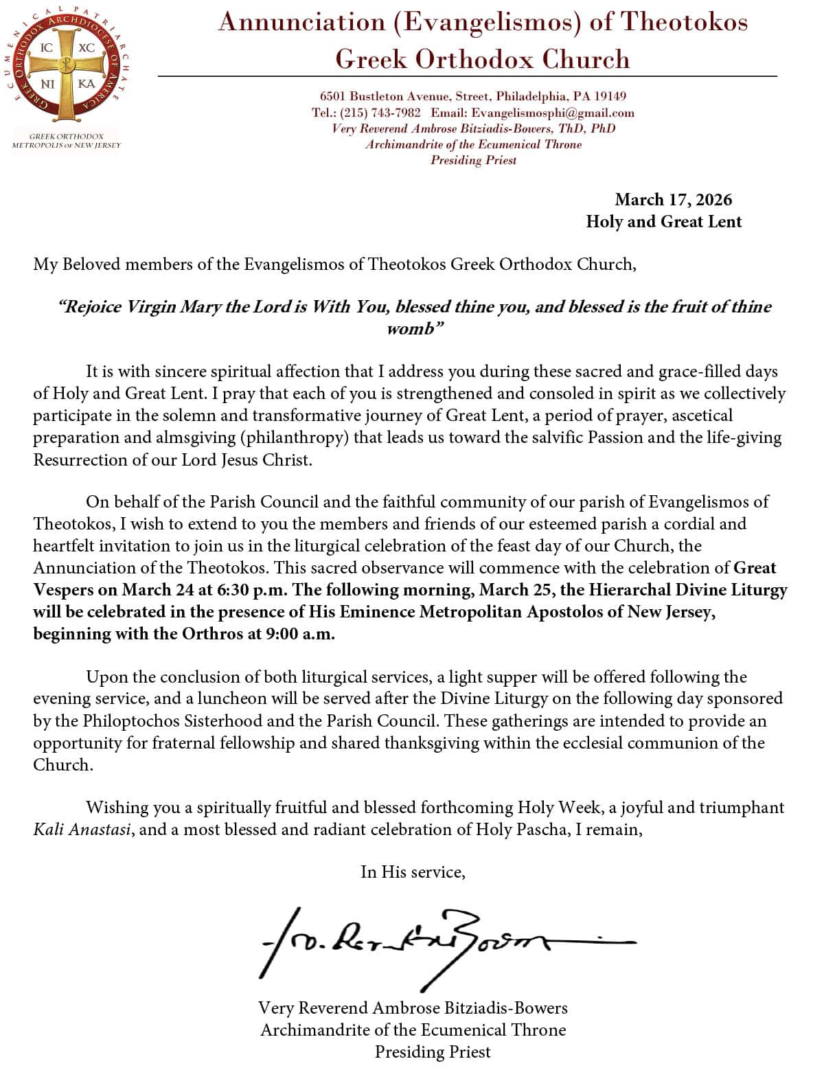 Invitation letter for the Feast of the Annunciation services at Evangelismos Church in Philadelphia, March 24–25, 2026
