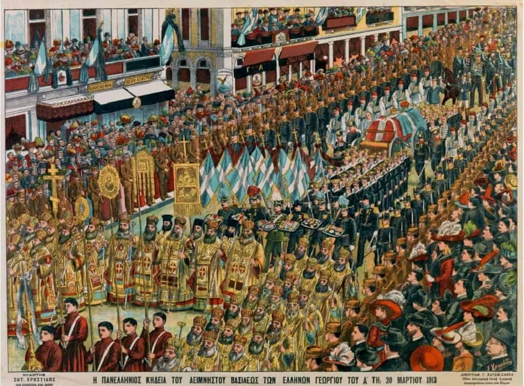 Illustration of the funeral procession of King George I of Greece in Athens in March 1913.