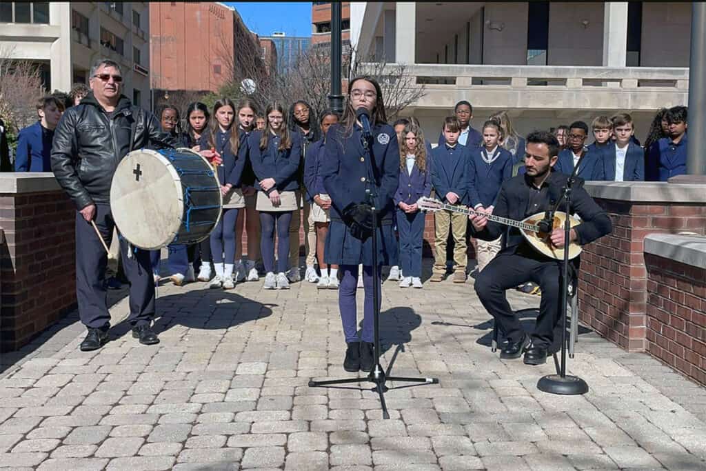 Students perform with music during Greek Independence Day ceremony in Wilmington
