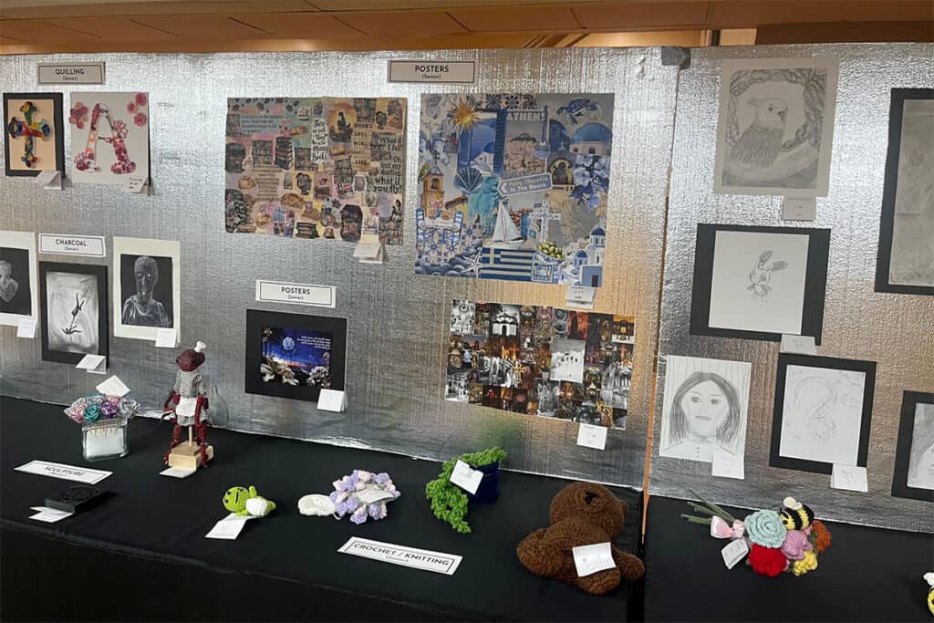 Student artwork and crafts displayed at Sights and Sounds Festival