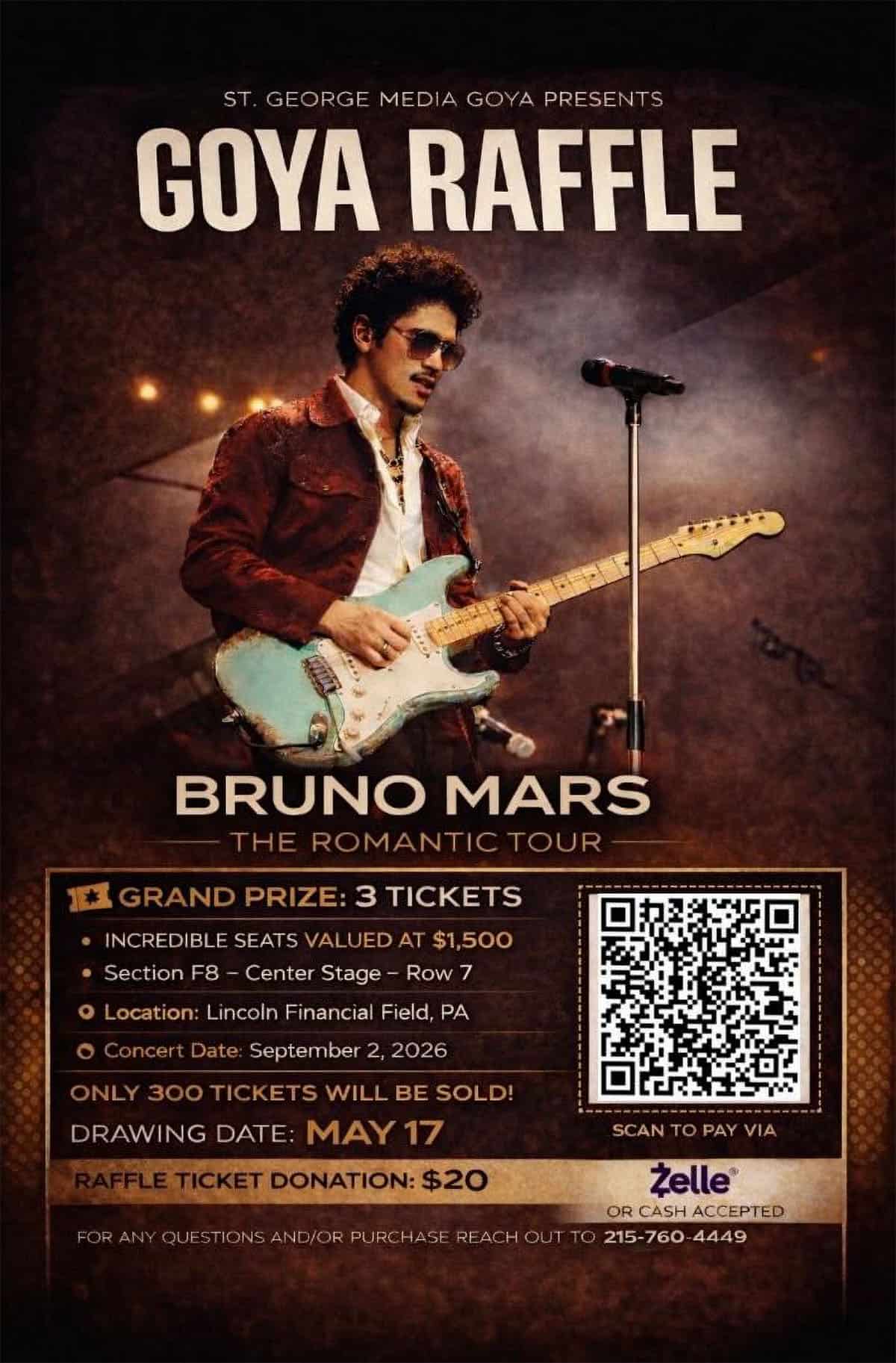 Flyer for St George Media GOYA raffle offering Bruno Mars concert tickets in Philadelphia