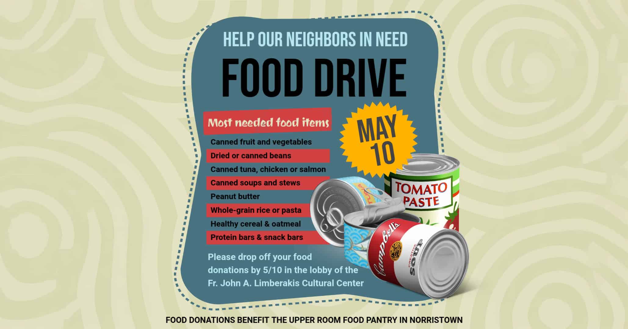 St. Sophia Philoptochos Spring Food Drive flyer listing needed non-perishable food donations for Norristown pantry