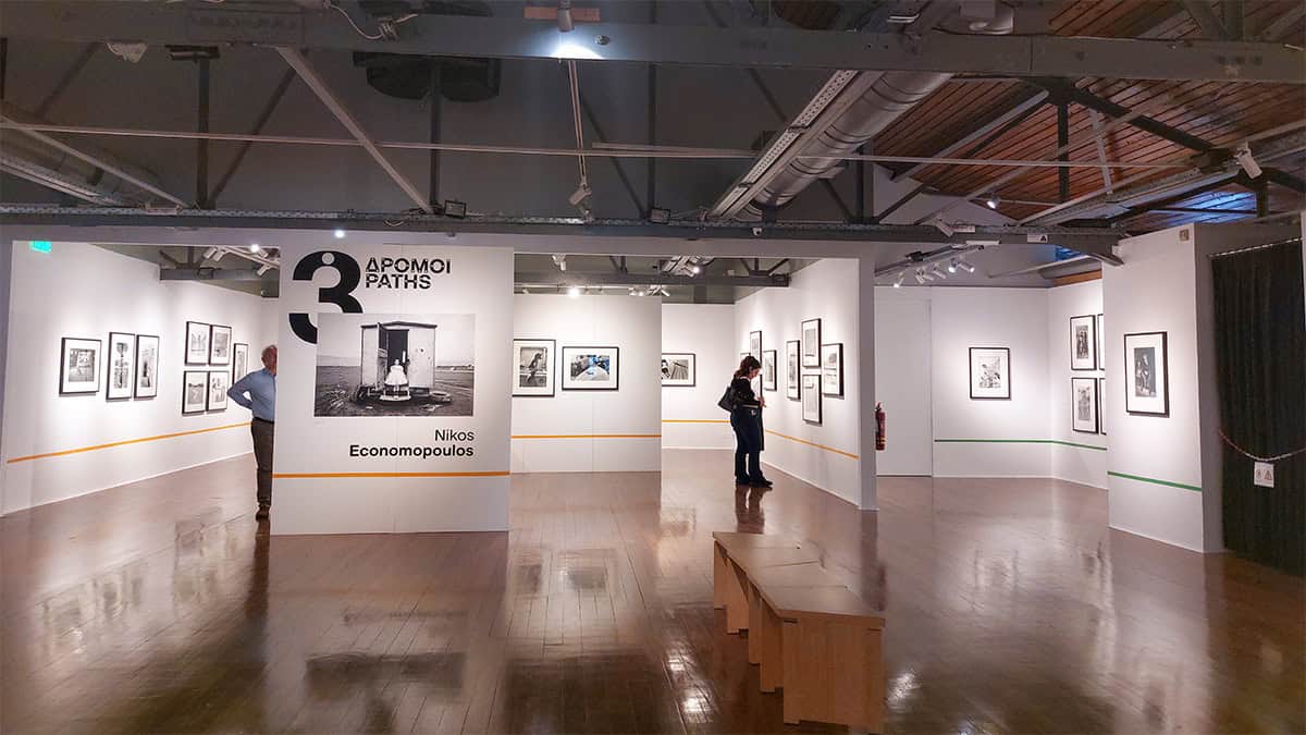 Interior view of “Three Paths” photography exhibition at Thessaloniki Museum of Photography featuring Nikos Economopoulos