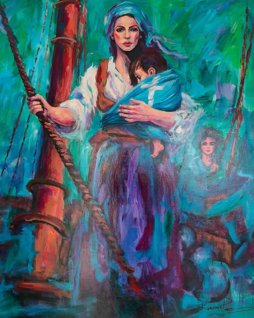 Ramona Pintea painting of Domna Visvizi holding her child during the Greek Revolution